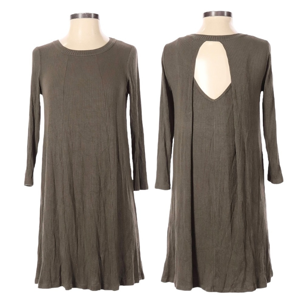 🌺 Lush Nordstrom Ribbed Knit Layered Open Back Olive Neutral Dress Size S NWT